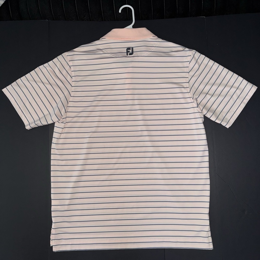 Men's Large FootJoy Pink White Blue Striped Performance Golf Polo Shirt Logo - Picture 3 of 4